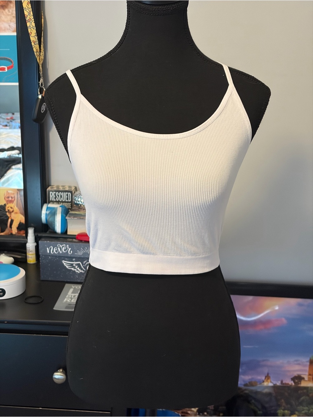 Ribbed White Cropped Camisole Tank with Adjustable Straps